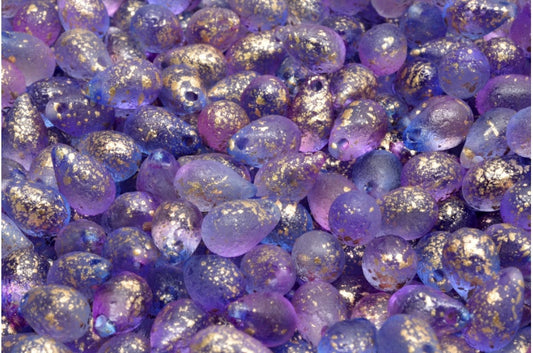 Drop beads, Crystal Etched Blue Violet Gold Splash (00030-ETCH-48002-94401), Glass, Czech Republic