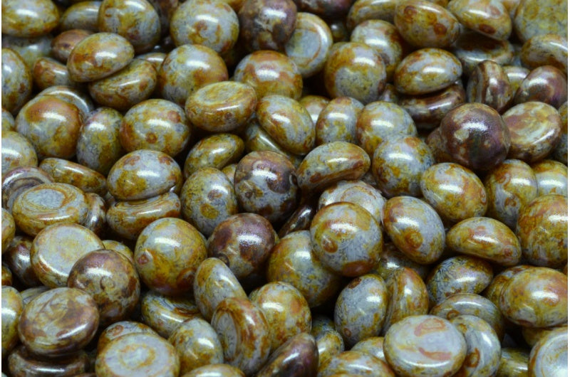 Cabochon 珠子，白色紫色棕色光泽斑点 (02010-65329)，玻璃，捷克共和国