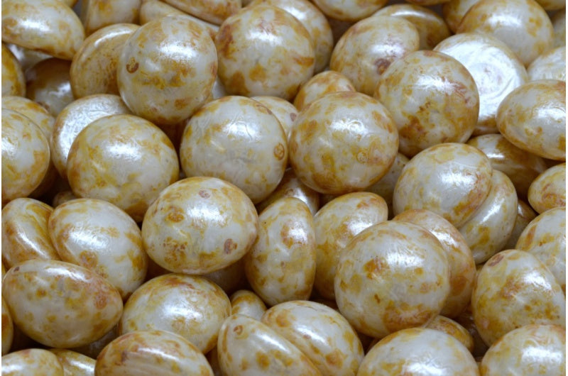 Cabochon Beads, White Cream Luster Spotted (02010-65321), Glass, Czech Republic