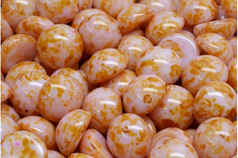 凸圆形珠子，白色粉红色米色光泽斑点 (02010-65323)，玻璃，捷克共和国