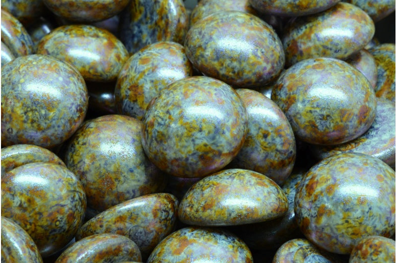 Cabochon 珠子，白色紫色棕色光泽斑点 (02010-65329)，玻璃，捷克共和国