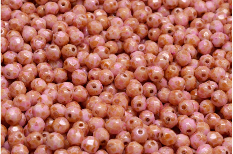 Fire Polish Faceted Round Beads 3mm, Chalk White Pink Beige Luster Spotted (03000-65323), Glass, Czech Republic