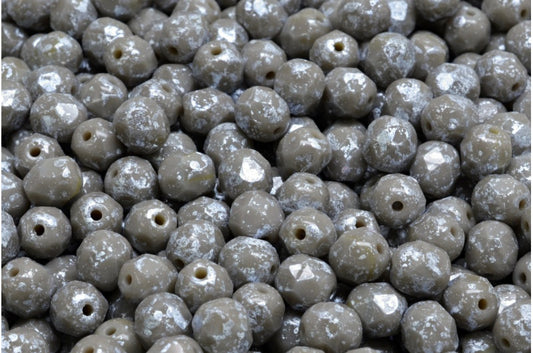 ファイアポリッシュファセットビーズラウンド、不透明グレーシルバースプラッシュ（43020-94400）、ボヘミアクリスタルガラス、チェコ共和国