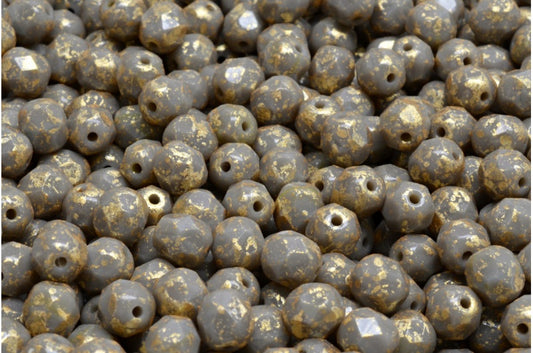 ファセット加工ラウンドビーズ、不透明グレーゴールドスプラッシュ（43020-94401）、ボヘミアクリスタルガラス、チェコ共和国