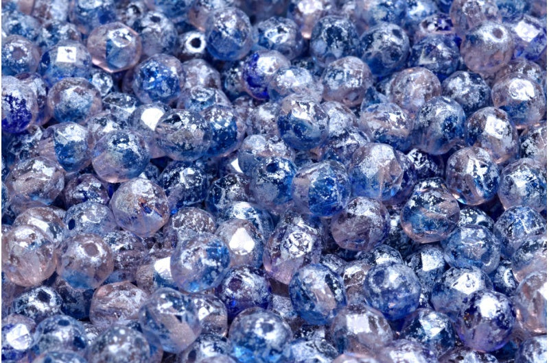 Fire Polish Faceted Round Beads 6mm, Crystal Pink Blue Silver Splash (00030-PINK-BLUE-94400), Glass, Czech Republic