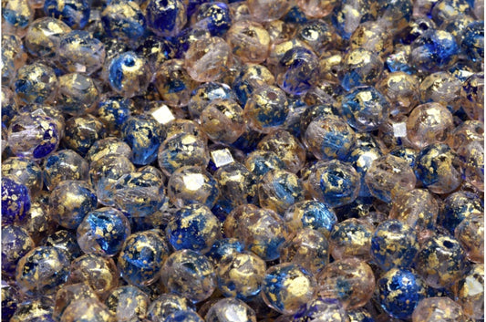 ファセット加工のラウンドビーズ、クリスタルピンクブルーゴールドスプラッシュ（00030-PINK-BLUE-94401）、ボヘミアクリスタルガラス、チェコ共和国