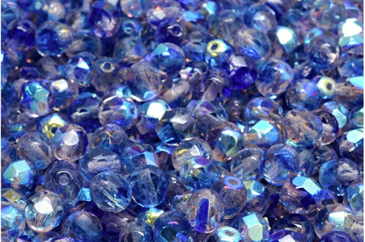 ファイアポリッシュファセットビーズラウンド、クリスタルピンクブルーAB（00030-PINK-BLUE-28701）、ボヘミアクリスタルガラス、チェコ共和国