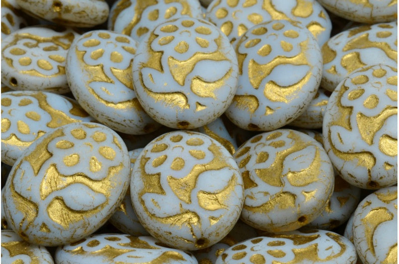 椭圆形花珠，白色哑光金色内衬 (02010-84100-54302)，玻璃，捷克共和国