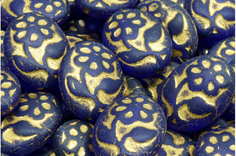 Oval With Flower Beads, Transparent Blue Matte Gold Lined (30080-84100-54302), Glass, Czech Republic