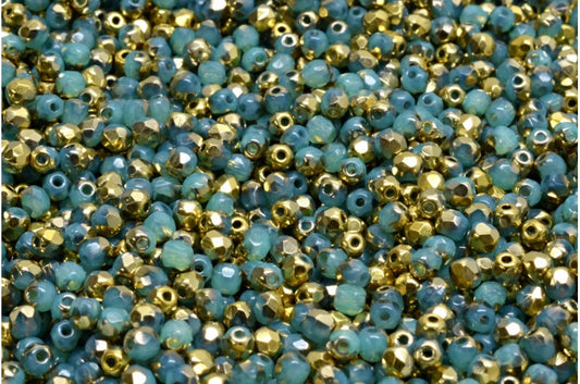 ファセット加工ラウンドビーズ、オパールアクアゴールド（61100-26441）、ボヘミアクリスタルガラス、チェコ共和国