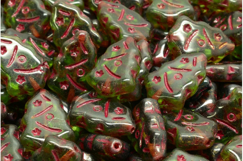 Christmas Tree Beads, Transparent Green Red Lined (50250-54314), Glass, Czech Republic