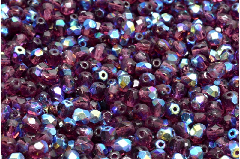 Fire Polished Faceted Beads Round, Amethyst Ab (20060-28701), Bohemia Crystal Glass, Czech Republic