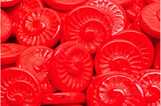 化石貝殻ビーズ、赤（93180）、ガラス、チェコ共和国