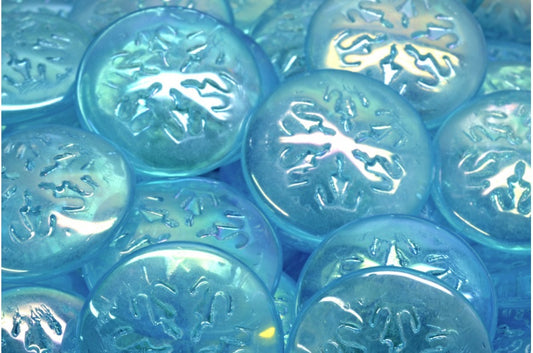 雪花凸圆形珠子，透明 Aqua Ab (60010-28701)，玻璃，捷克共和国