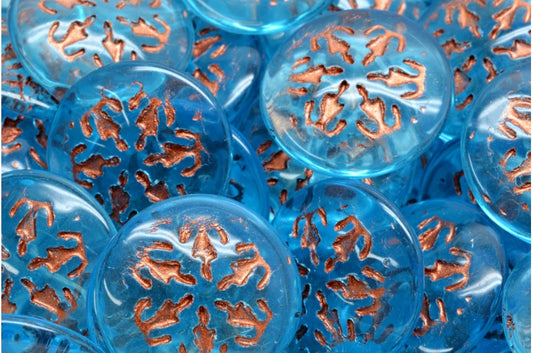雪花凸圆形珠子，透明水绿色铜内衬 (60010-54319)，玻璃，捷克共和国