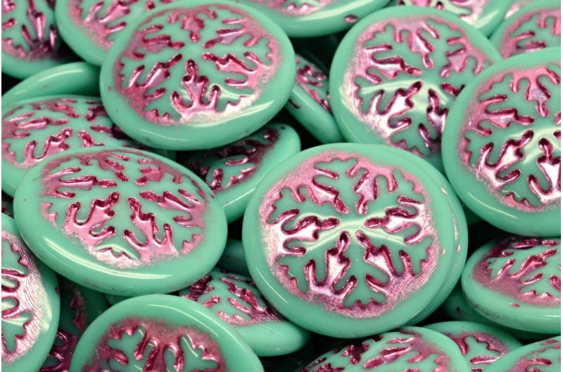 スノーフレークカボションビーズ、ターコイズピンクライン（63130-54321）、ガラス、チェコ共和国