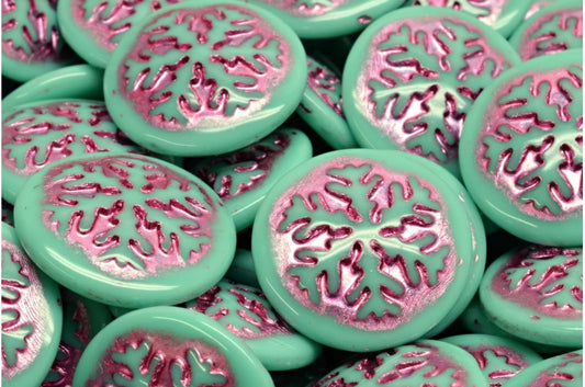 雪花凸圆形珠子，绿松石粉色内衬 (63130-54321)，玻璃，捷克共和国