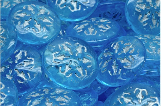 Snowflake Cabochon Beads, Transparent Aqua Silver Lined (60010-54301), Glass, Czech Republic