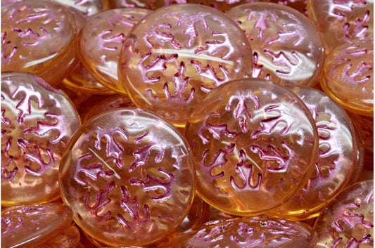 雪花凸圆形珠子，10020 粉色内衬 (10020-54321)，玻璃，捷克共和国