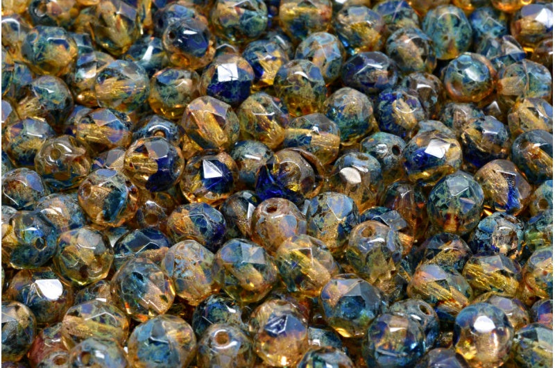 Fire Polish Faceted Round Beads 6mm, Crystal Pink Blue Travertin (00030-PINK-BLUE-86800), Glass, Czech Republic