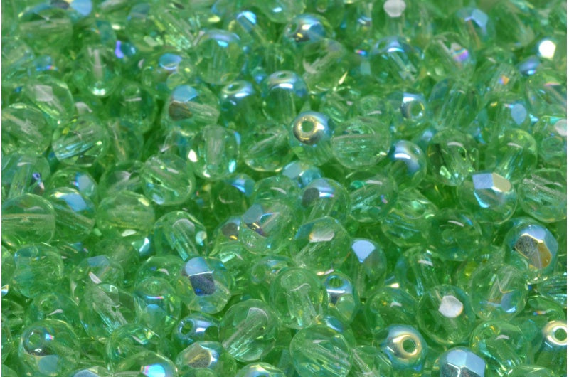 Fire Polished Faceted Beads Round, Transparent Green Ab (50500-28701), Bohemia Crystal Glass, Czech Republic