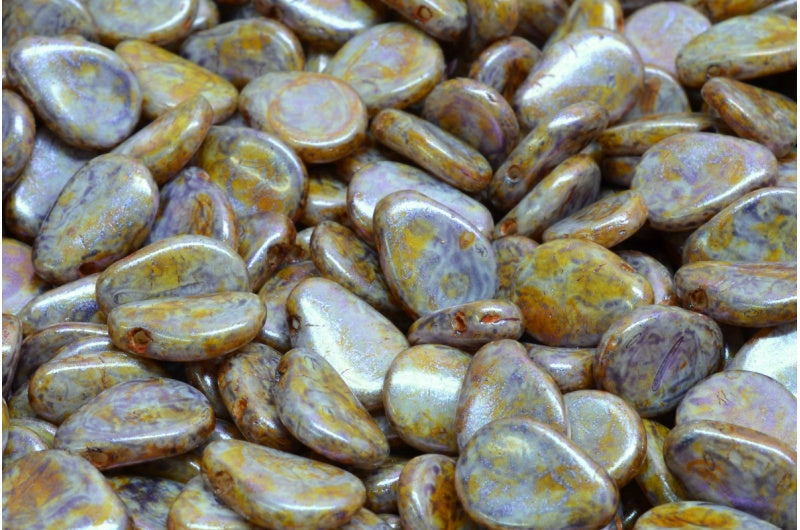 海葵花瓣珠，白色紫色棕色光泽斑点 (02010-65329)，玻璃，捷克共和国