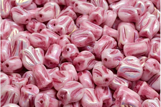 Mini Tulip Beads, White Ab Full (2X Side) Pink Lined (02010-28703-54321), Glass, Czech Republic