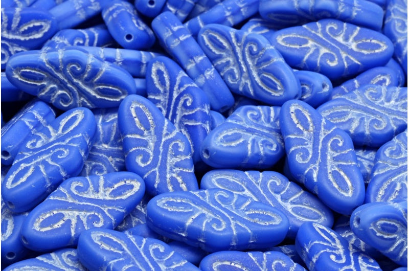 蔓藤花纹珠子，不透明蓝色哑光白色内衬 (33040-84100-54312)，玻璃，捷克共和国