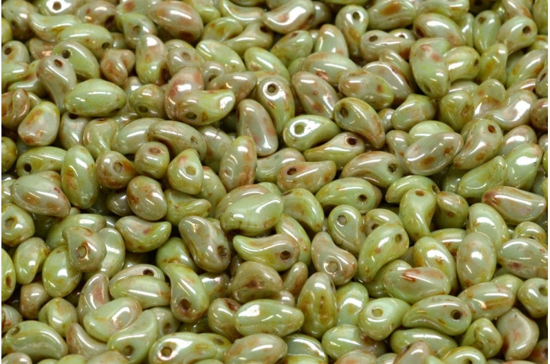 Lily Petal Beads, White Stain With Luster Green (02010-65455), Glass, Czech Republic