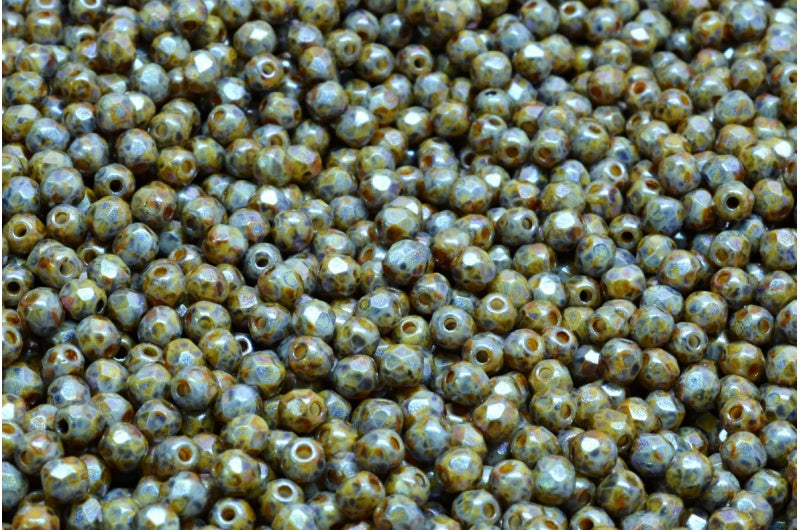 Fire Polish Faceted Round Beads 3mm, Chalk White Purple Brown Luster Spotted (03000-65329), Glass, Czech Republic