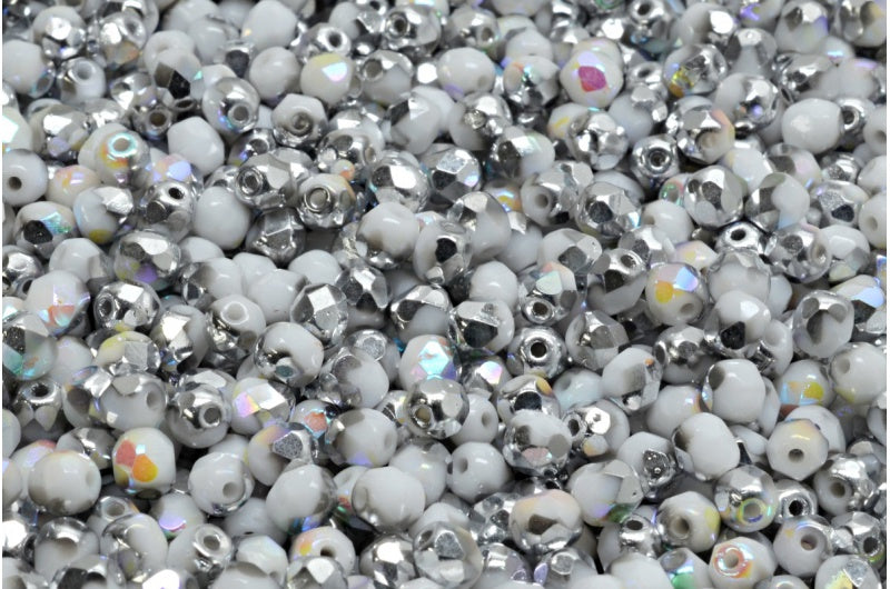 Fire Polished Faceted Beads Round, Chalk White 98530 (03000-98530), Bohemia Crystal Glass, Czech Republic
