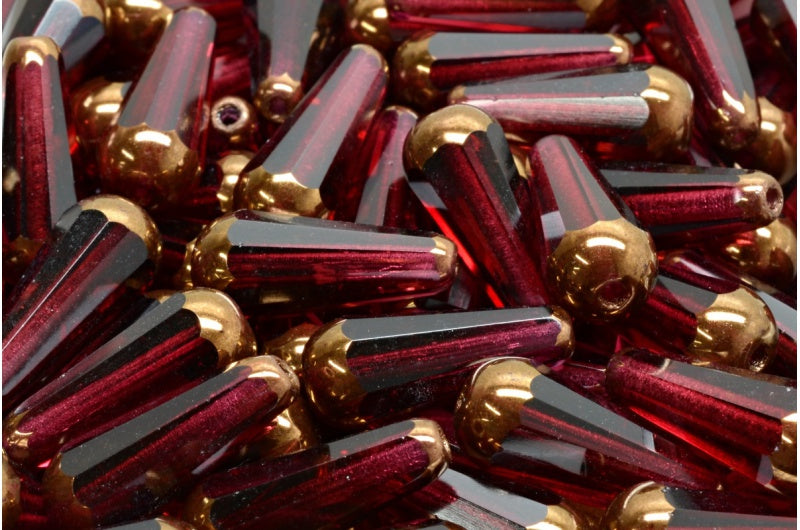 ファセット加工のファイアポリッシュ仕上げのティアドロップビーズ、透明レッドブロンズ（70350-14415）、ガラス、チェコ共和国