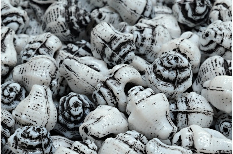 Murex Shell Beads, White Black Lined (02010-46441), Glass, Czech Republic