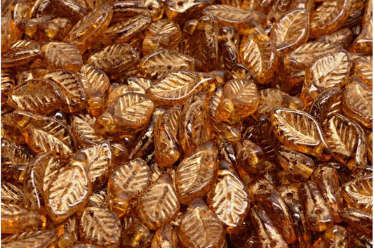 Bay Leaf Beads, Transparent Brown Gold Lined (10090-54302), Glass, Czech Republic