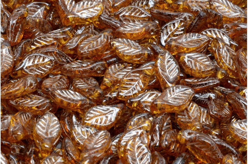 Lorbeerblattperlen, transparentes braunes Kupfer gefüttert (10090-54324), Glas, Tschechische Republik