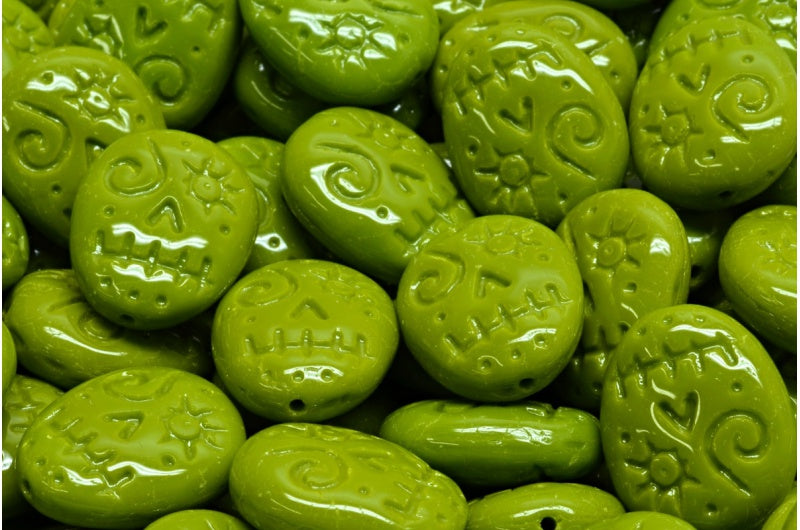 Woodoo Funny Face Beads, Green (53420), Glass, Czech Republic