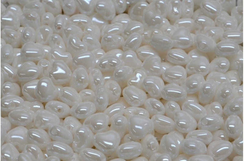 Heart Beads, White Opal 21402 (02020-21402), Glass, Czech Republic