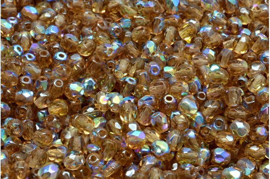 圆形火抛光刻面珠，透明棕色 Ab (10220-28701)，波西米亚水晶玻璃，捷克共和国