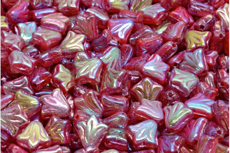 ユリの花ビーズ、レッドアブフル（2Xサイド）ピンクライン（R0930-28703-54321）、ガラス、チェコ共和国