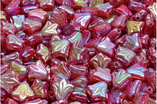 ユリの花ビーズ、レッドアブフル（2Xサイド）ピンクライン（R0930-28703-54321）、ガラス、チェコ共和国