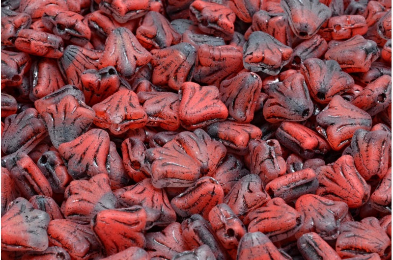 ユリの花ビーズ、赤マットブラックライン（R0930-84100-54313）、ガラス、チェコ共和国