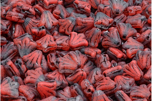 ユリの花ビーズ、赤マットブラックライン（R0930-84100-54313）、ガラス、チェコ共和国