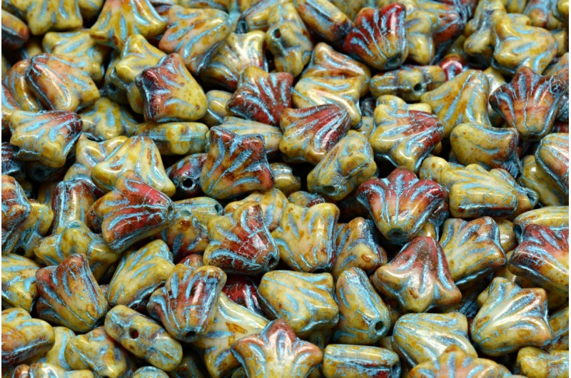 ユリの花のビーズ、R2930 トラバーチン ライトブルー ライン入り (R2930-86800-54308)、ガラス、チェコ共和国