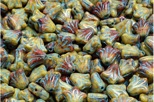 ユリの花のビーズ、R2930 トラバーチン ライトブルー ライン入り (R2930-86800-54308)、ガラス、チェコ共和国