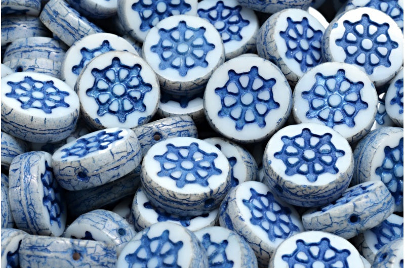 Table Cut Wheel Coin Beads, White Luster Blue Full Coated 54309 (2010 14464 54309), Glass, Czech Republic