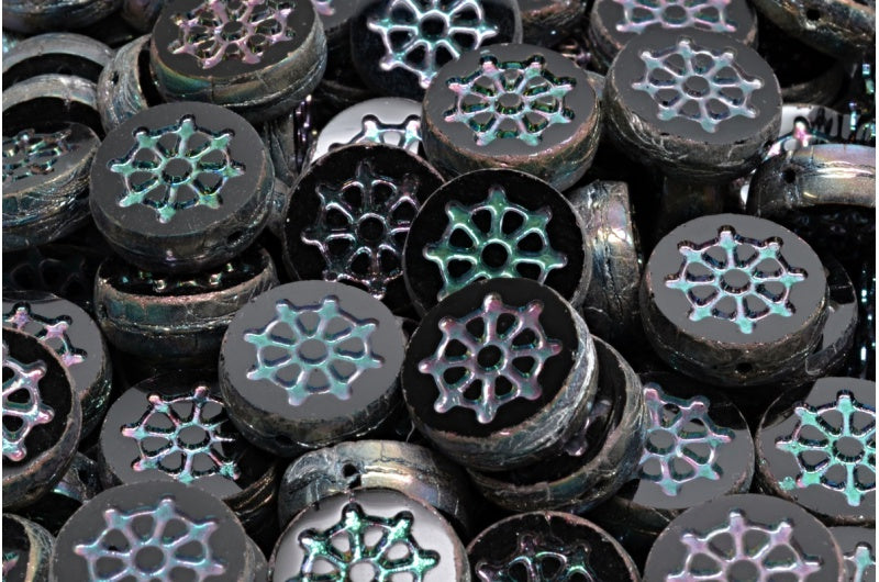 Table Cut Wheel Coin Beads, Black Jet Black Full Apricot (23980 29123), Glass, Czech Republic