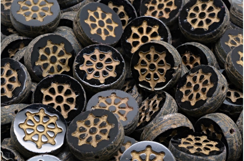 Table Cut Wheel Coin Beads, Black 84100 Travertin 54302 (23980 84100 86800 54302), Glass, Czech Republic