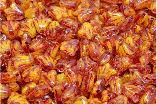 ユリの花のビーズ、黄赤のライン入り（R0812-54314）、ガラス、チェコ共和国