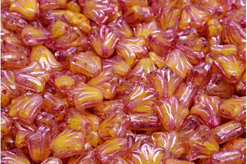 ユリの花のビーズ、イエローピンクのライン入り（R0812-54321）、ガラス、チェコ共和国