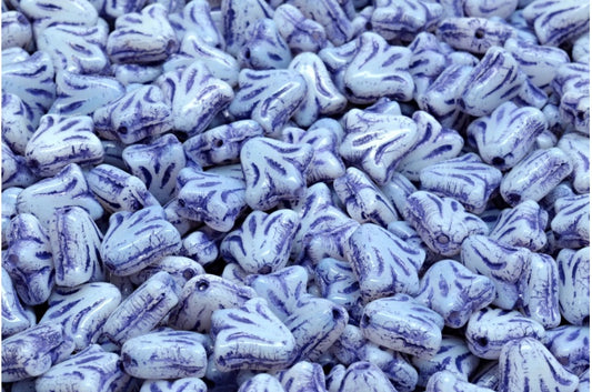 Lily Flower Beads, White Blue Lined (02010-54325), Glass, Czech Republic